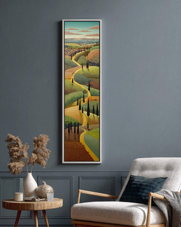 Vertical canvas wall art in interior setting.