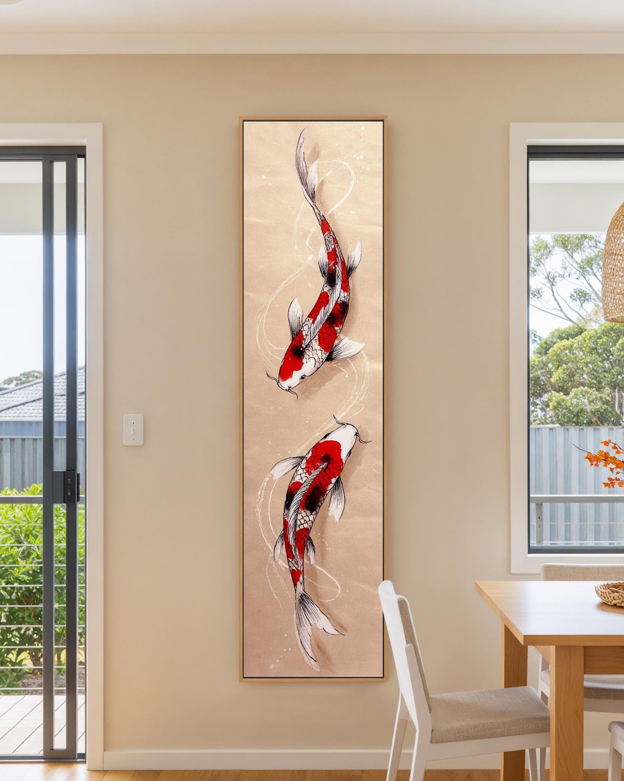 Vertical canvas wall art in interior setting.