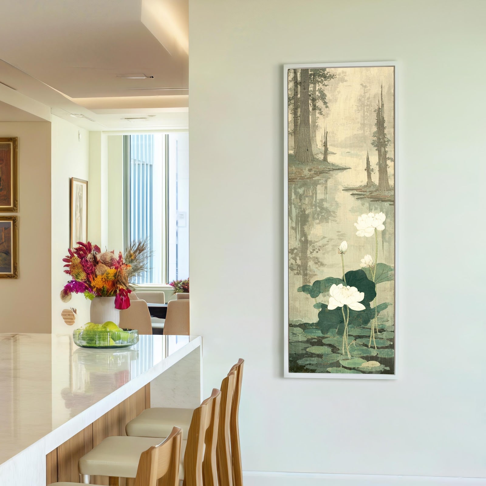 Vertical canvas wall art in interior setting.