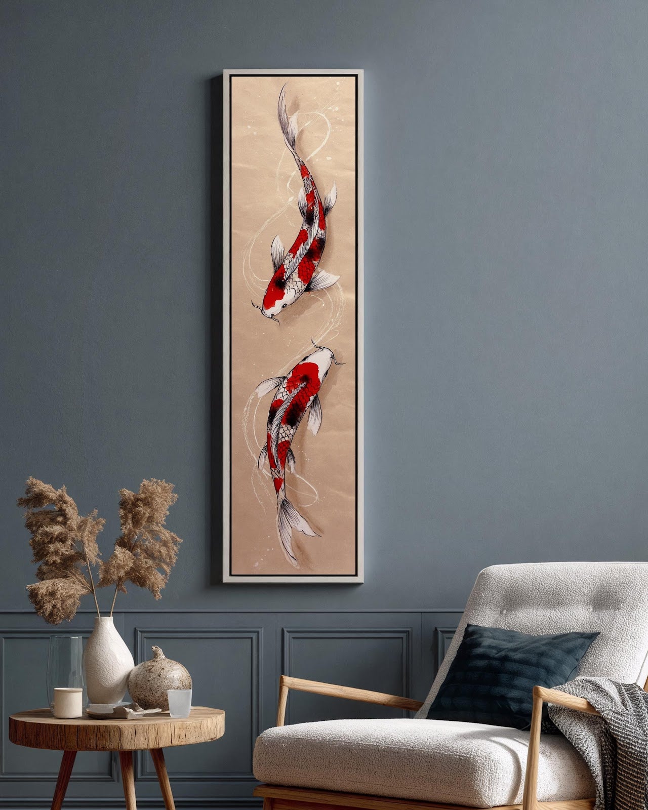 Vertical canvas wall art in interior setting.