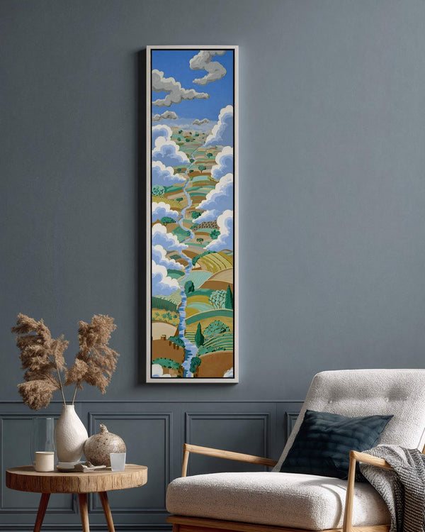 Vertical canvas wall art in interior setting.
