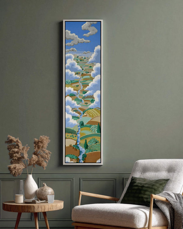 Vertical canvas wall art in interior setting.