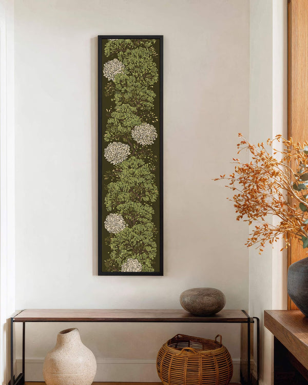 Vertical canvas wall art in interior setting.