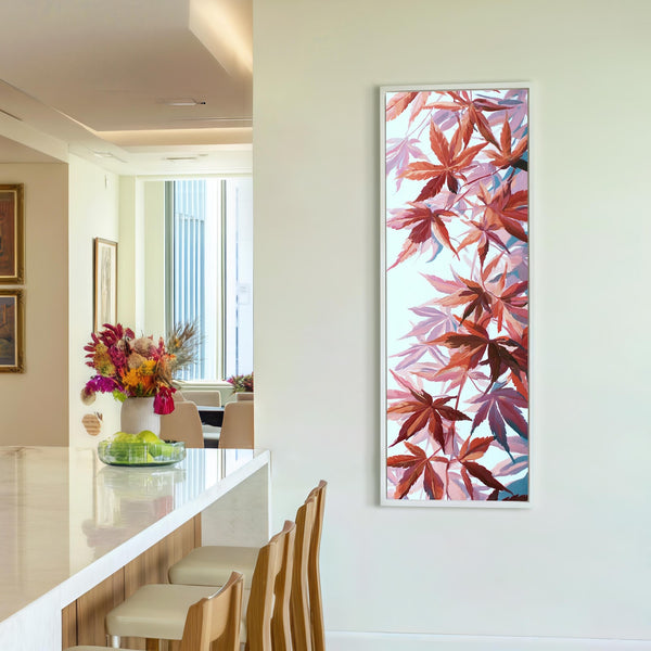 Vertical canvas wall art in interior setting.