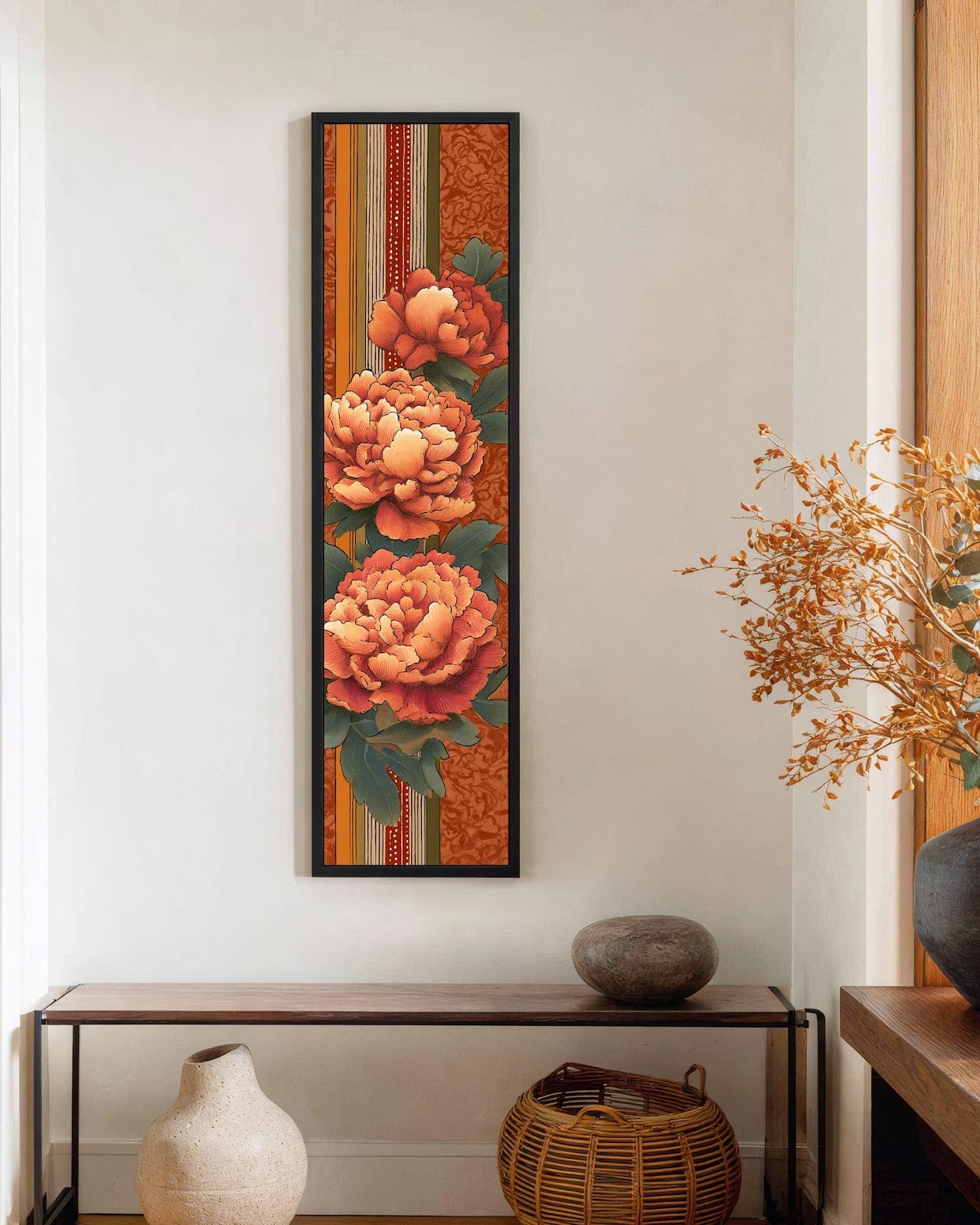 Vertical canvas wall art in interior setting.