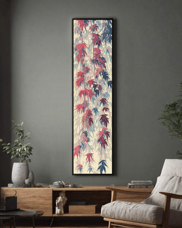 Vertical canvas wall art in interior setting.