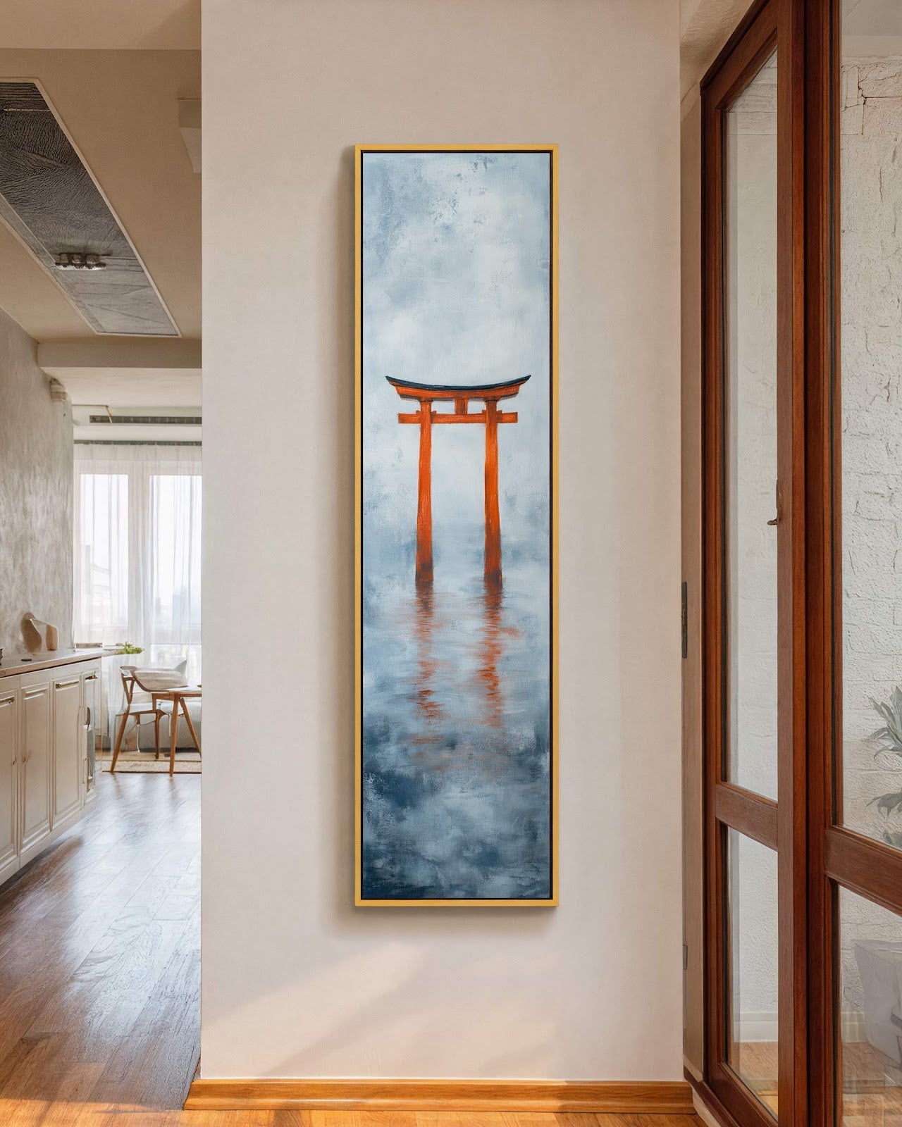 Vertical canvas wall art in interior setting.
