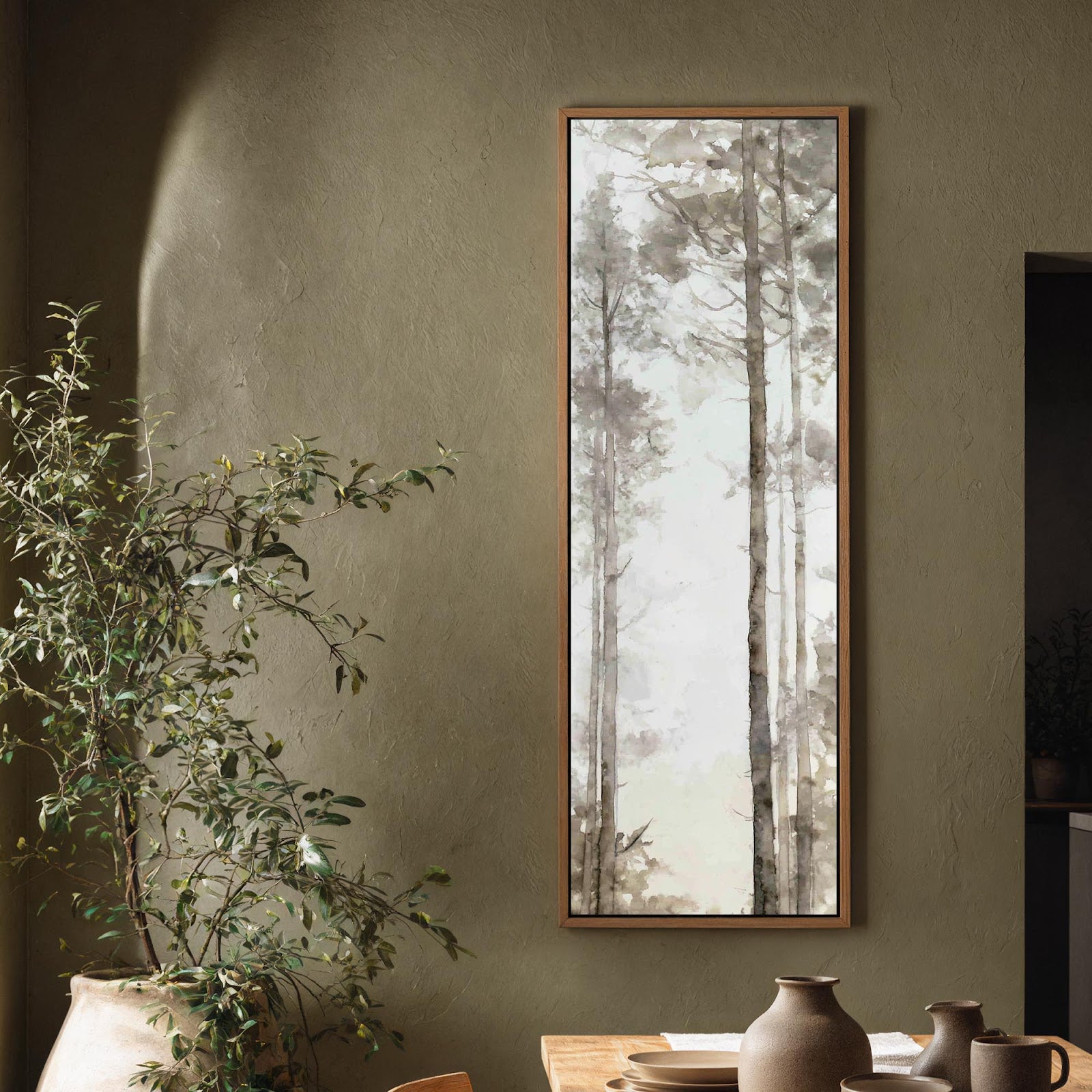 Vertical canvas wall art in interior setting.