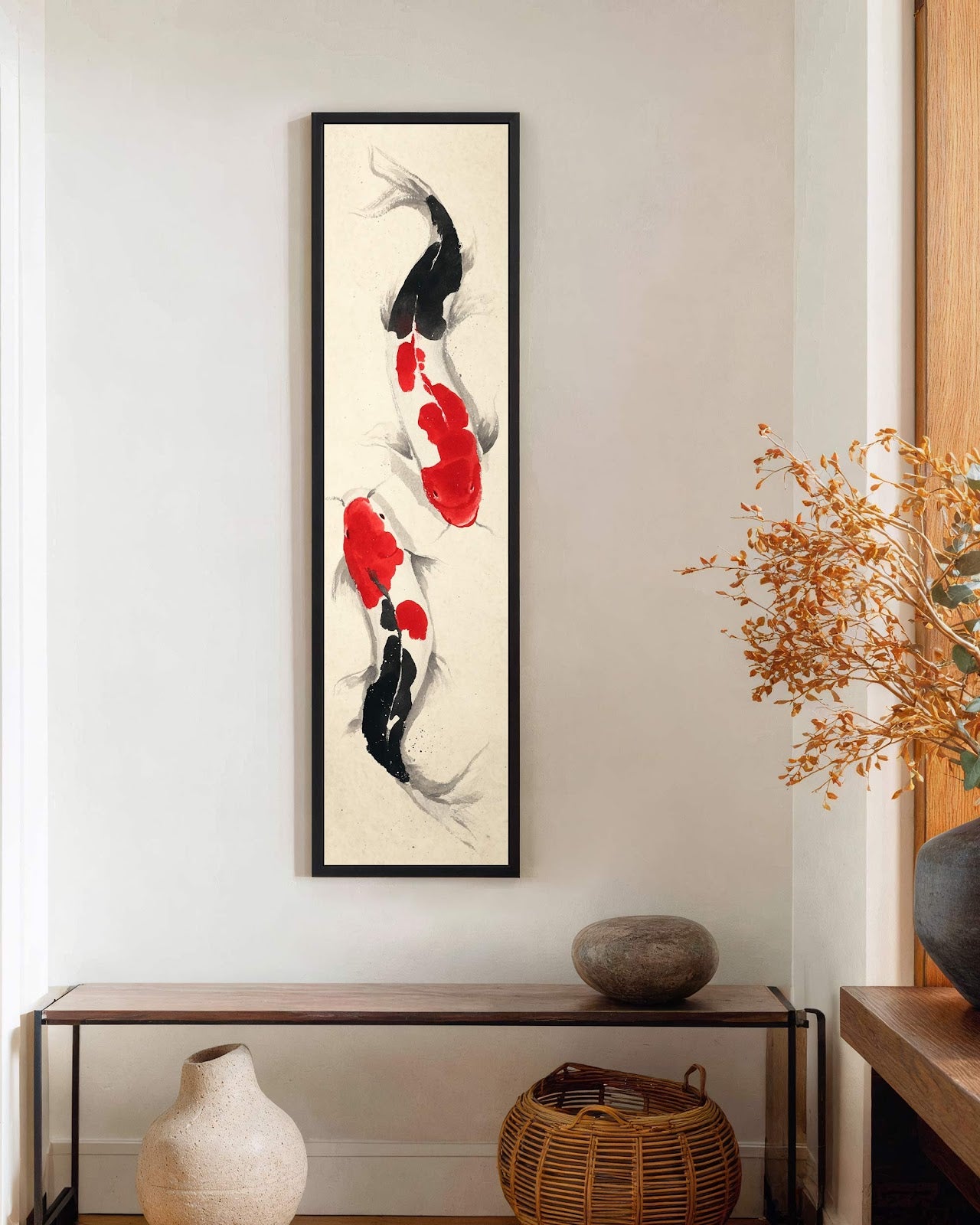Vertical canvas wall art in interior setting.