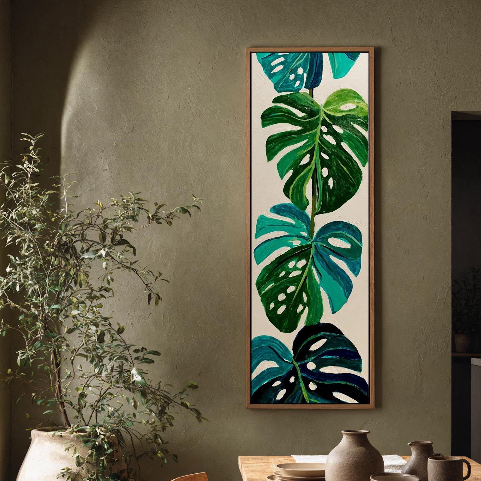 Vertical canvas wall art in interior setting.