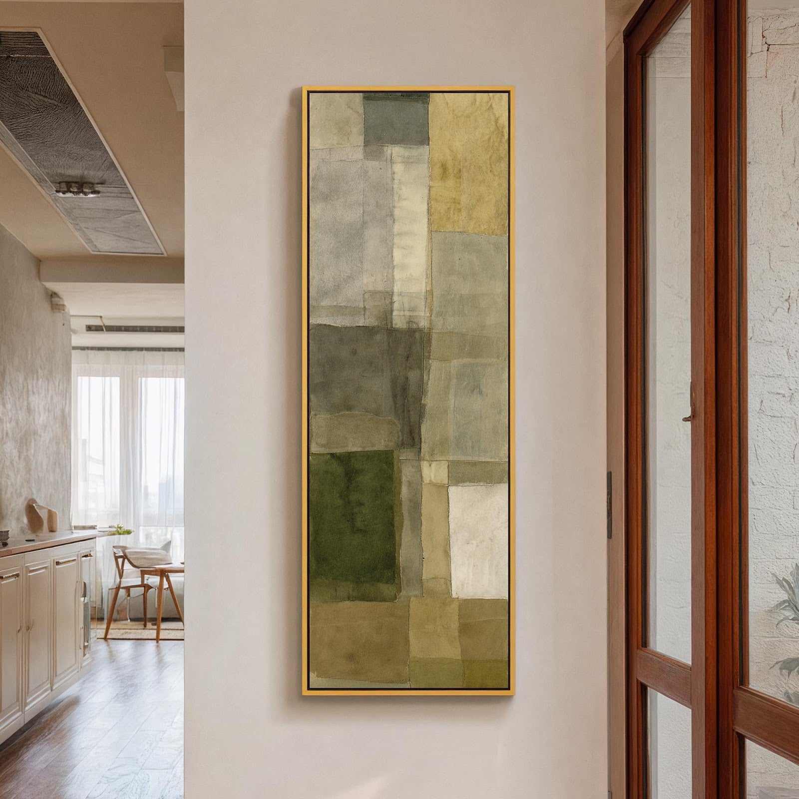 Vertical canvas wall art in interior setting.