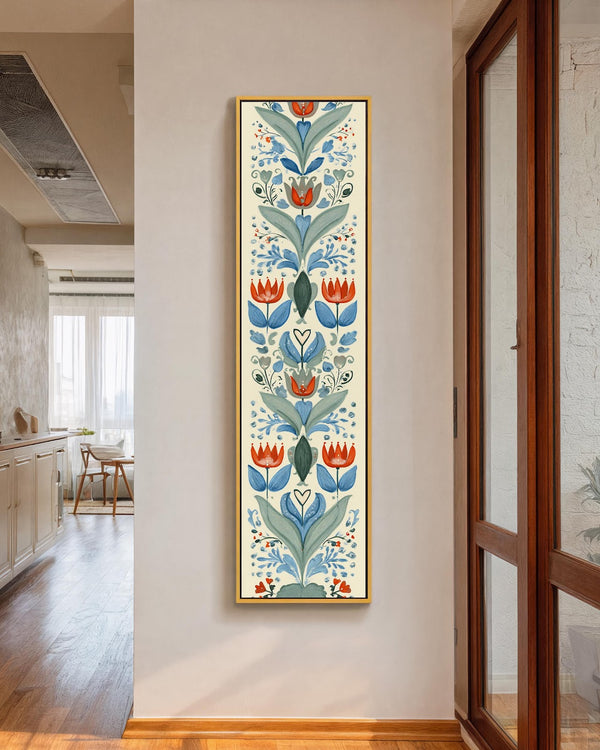 Vertical canvas wall art in interior setting.