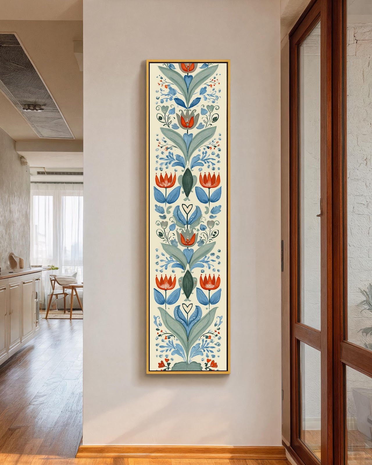 Vertical canvas wall art in interior setting.