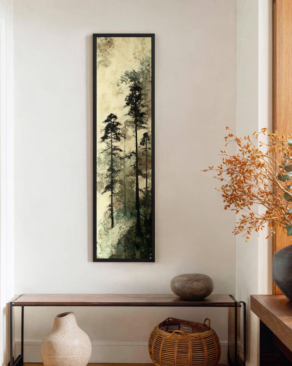 Vertical canvas wall art in interior setting.
