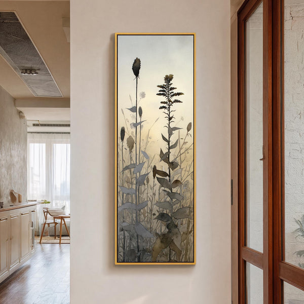 Vertical canvas wall art in interior setting.