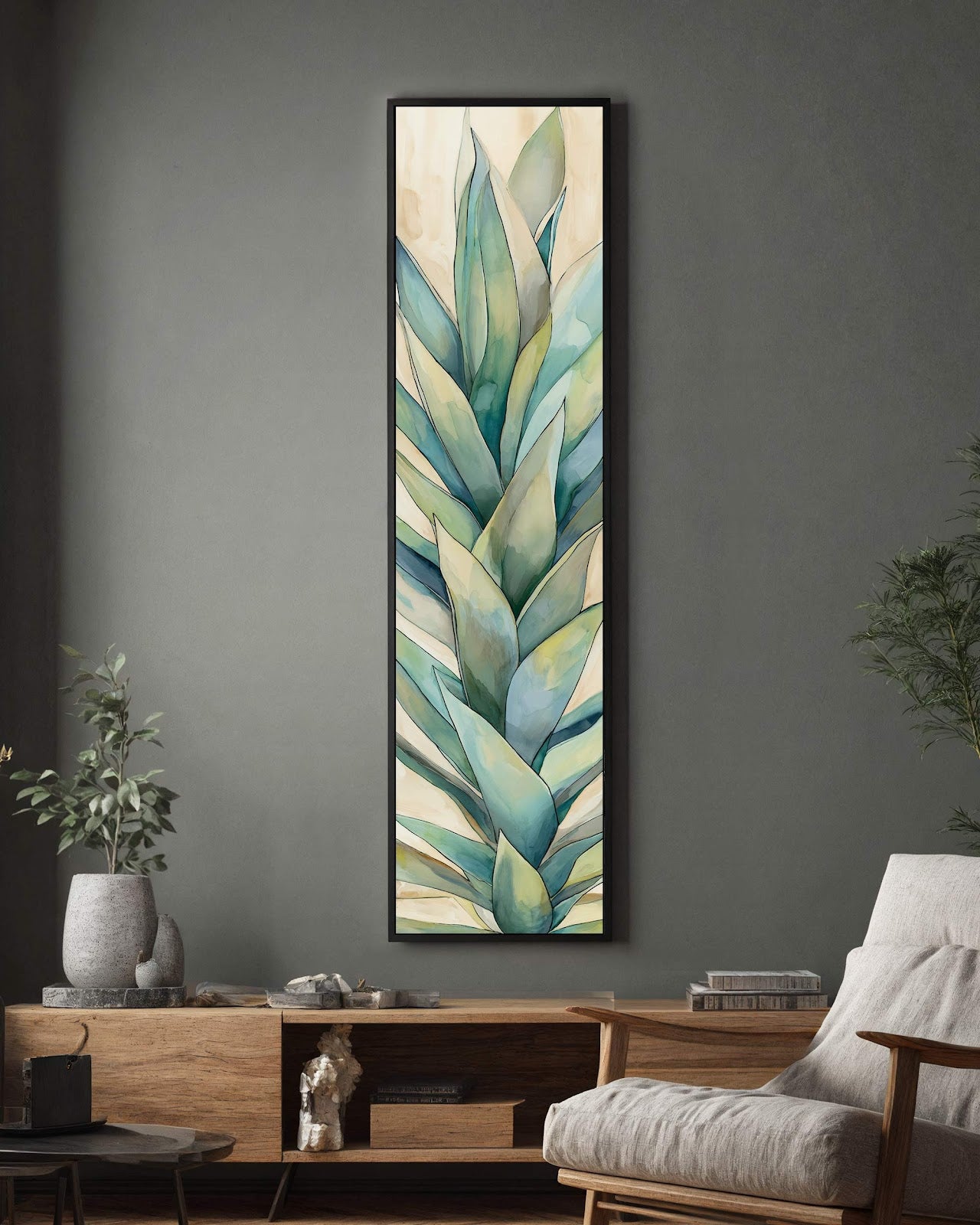 Vertical canvas wall art in interior setting.