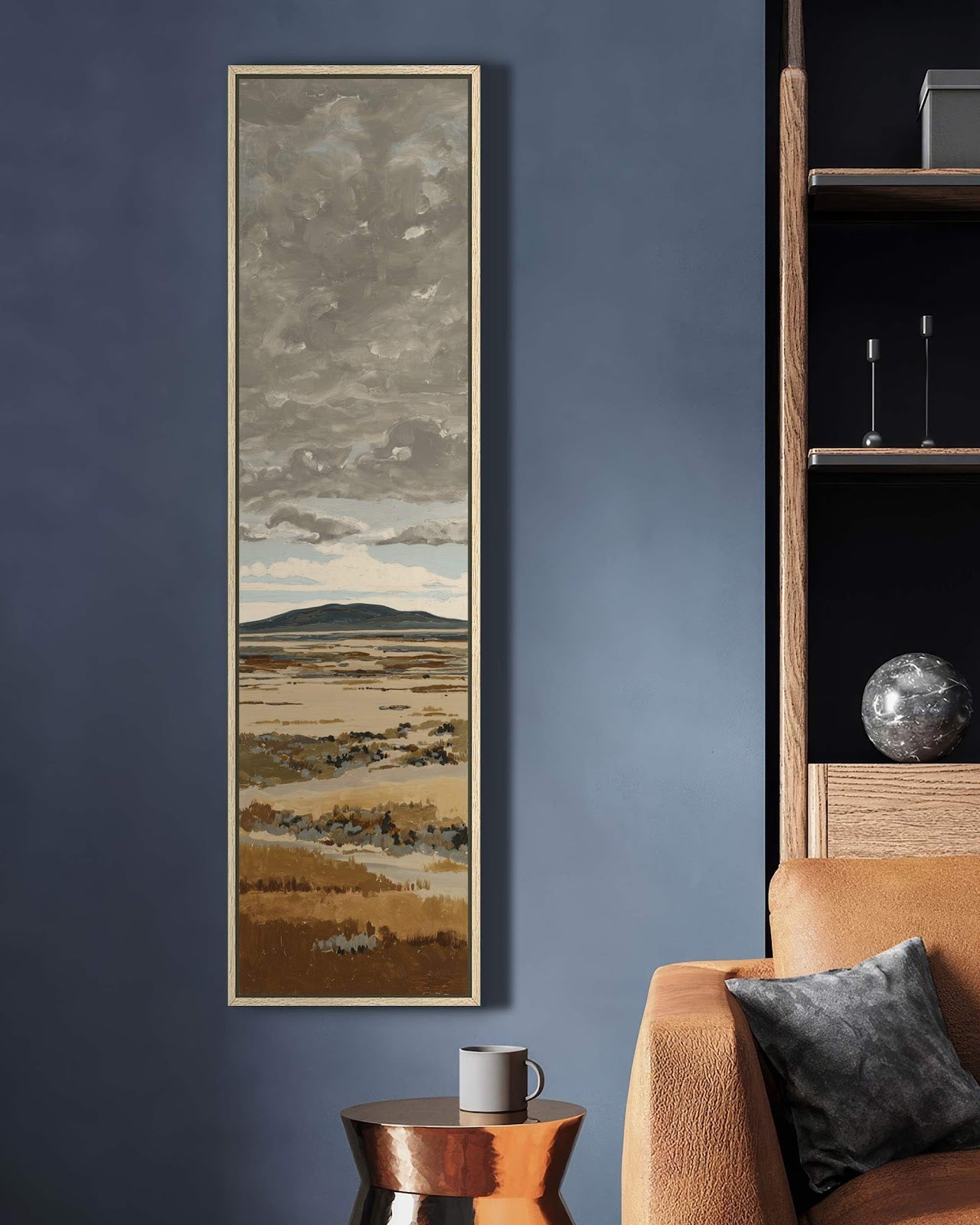 Vertical canvas wall art in interior setting.