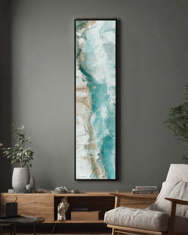 Vertical canvas wall art in interior setting.