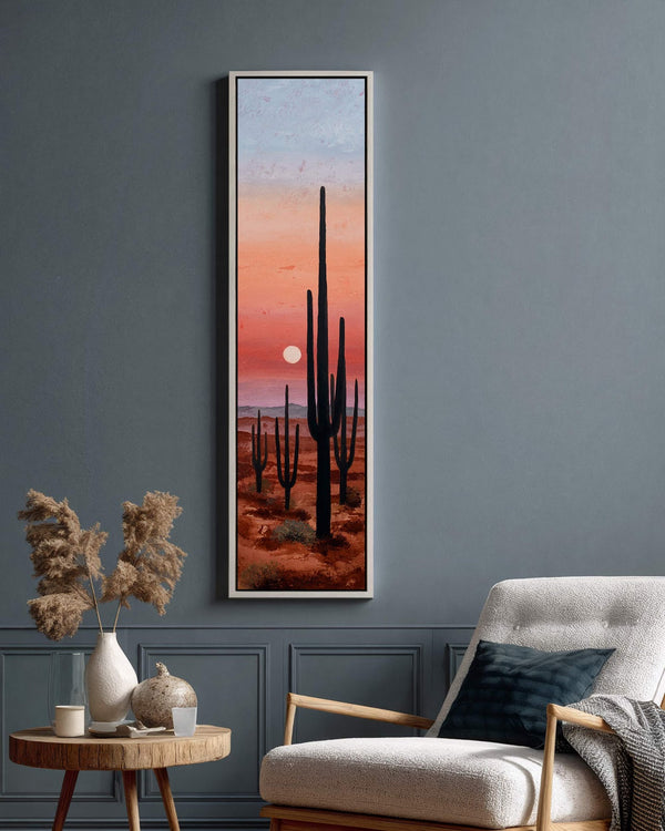 Vertical canvas wall art in interior setting.