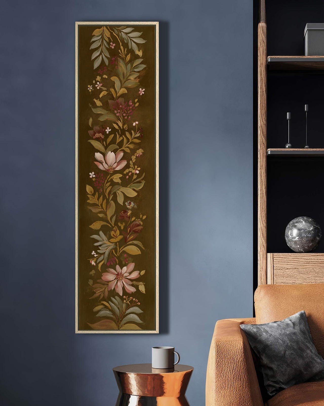 Vertical canvas wall art in interior setting.