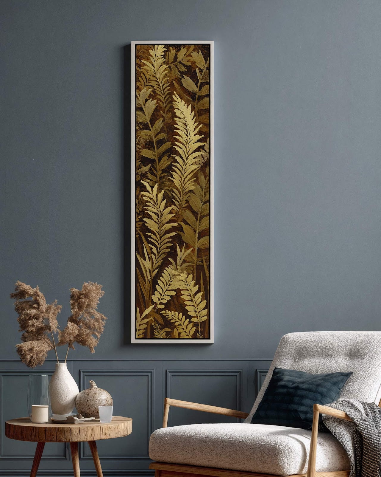 Vertical canvas wall art in interior setting.