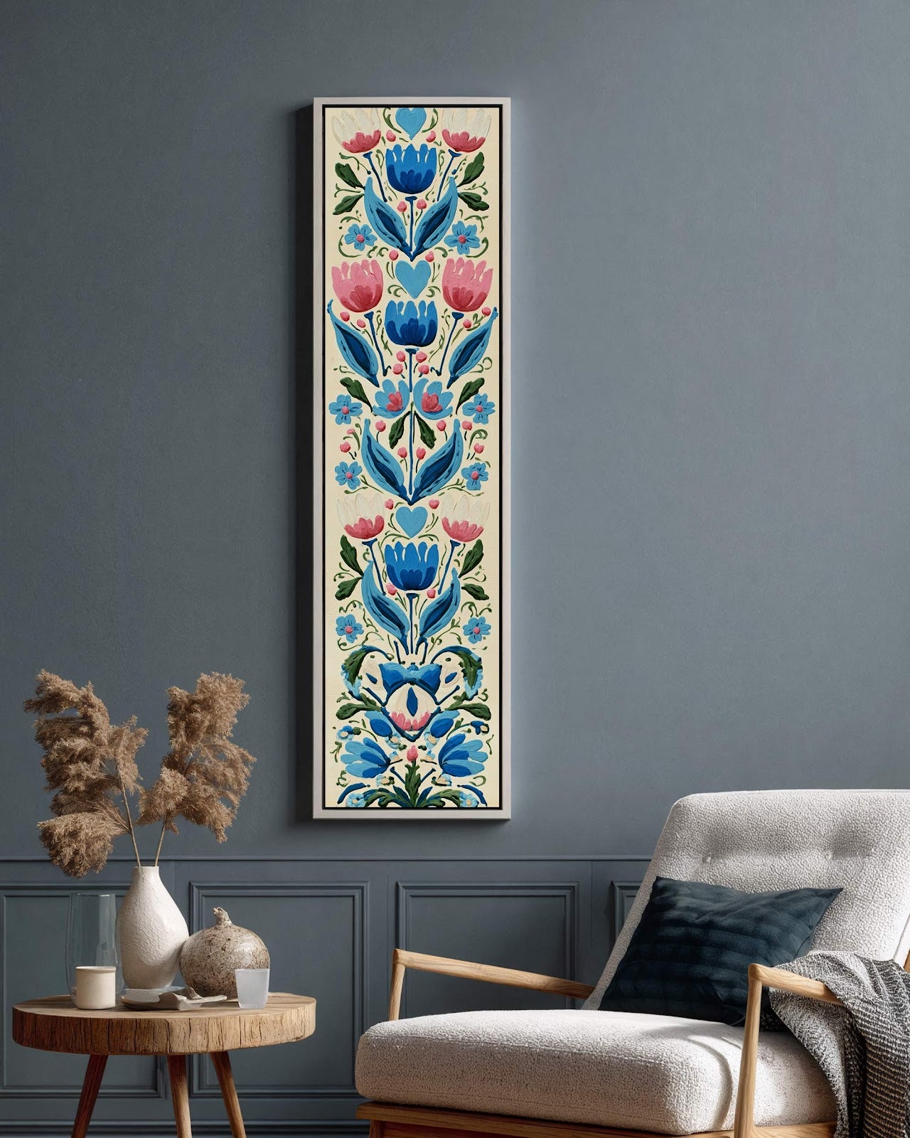 Vertical canvas wall art in interior setting.