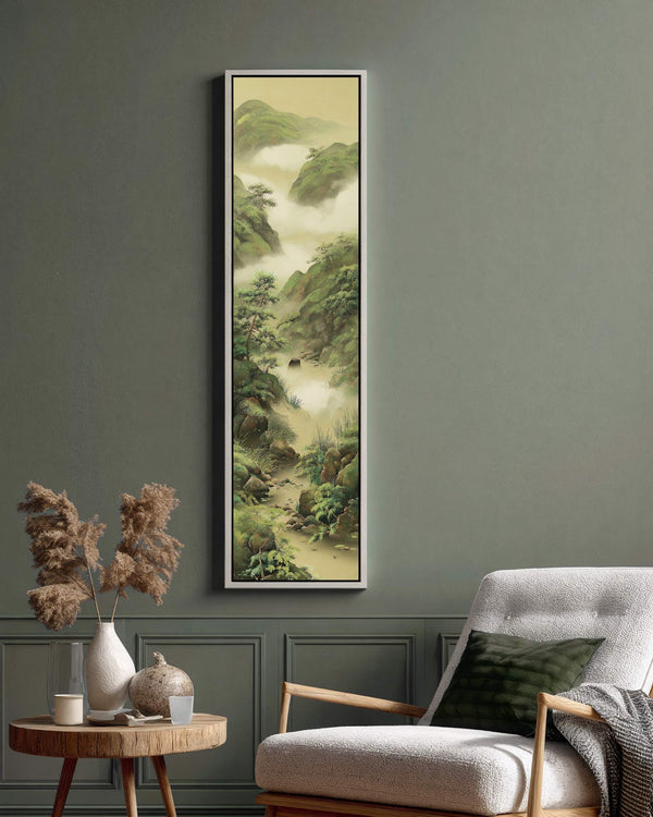 Vertical canvas wall art in interior setting.