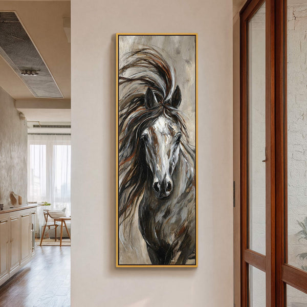 This vertical canvas print depicts a dynamic horse with a flowing mane, rendered in a palette of grays, browns, and whites with an impressionistic style. It is displayed in a.