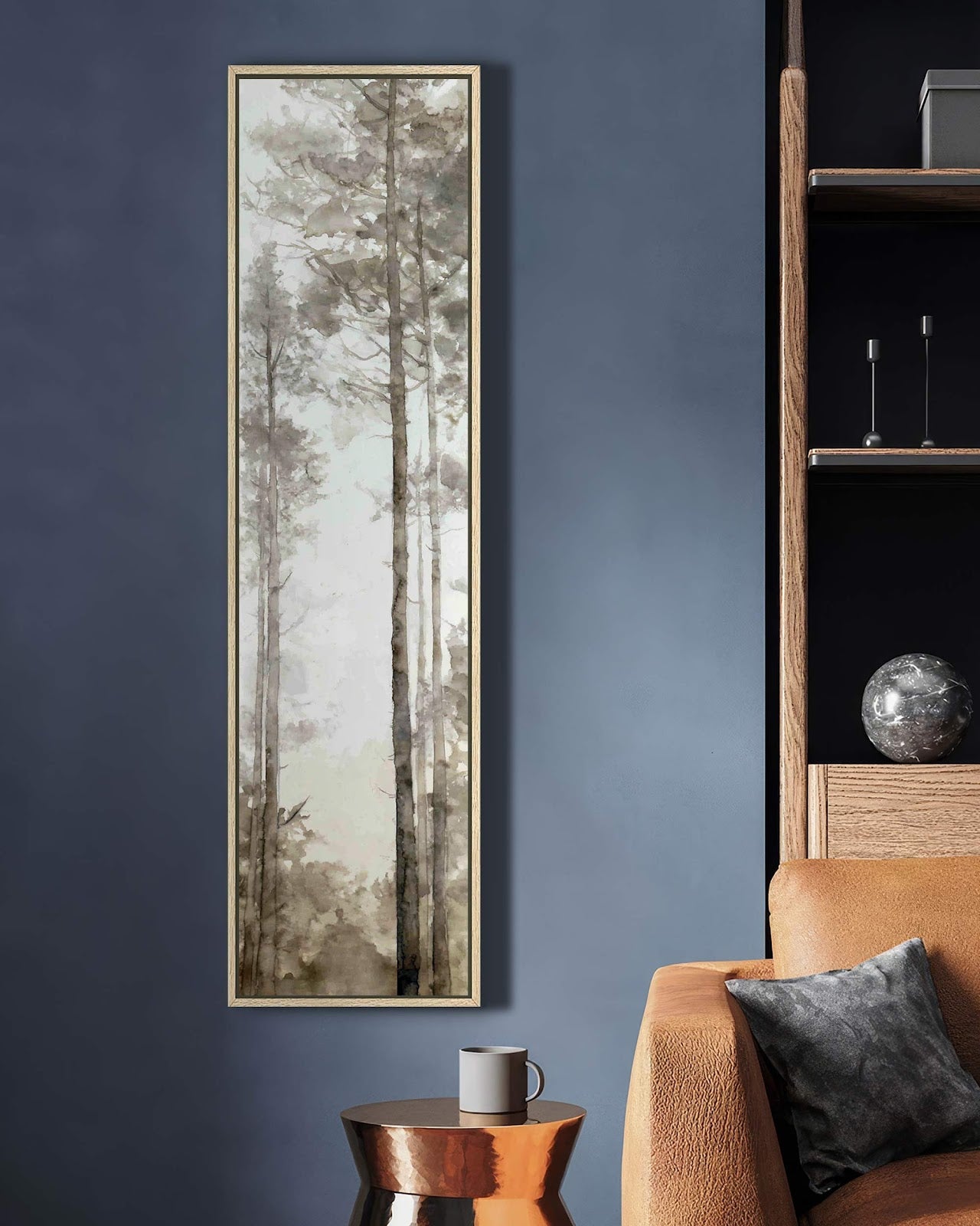 Vertical canvas wall art in interior setting.