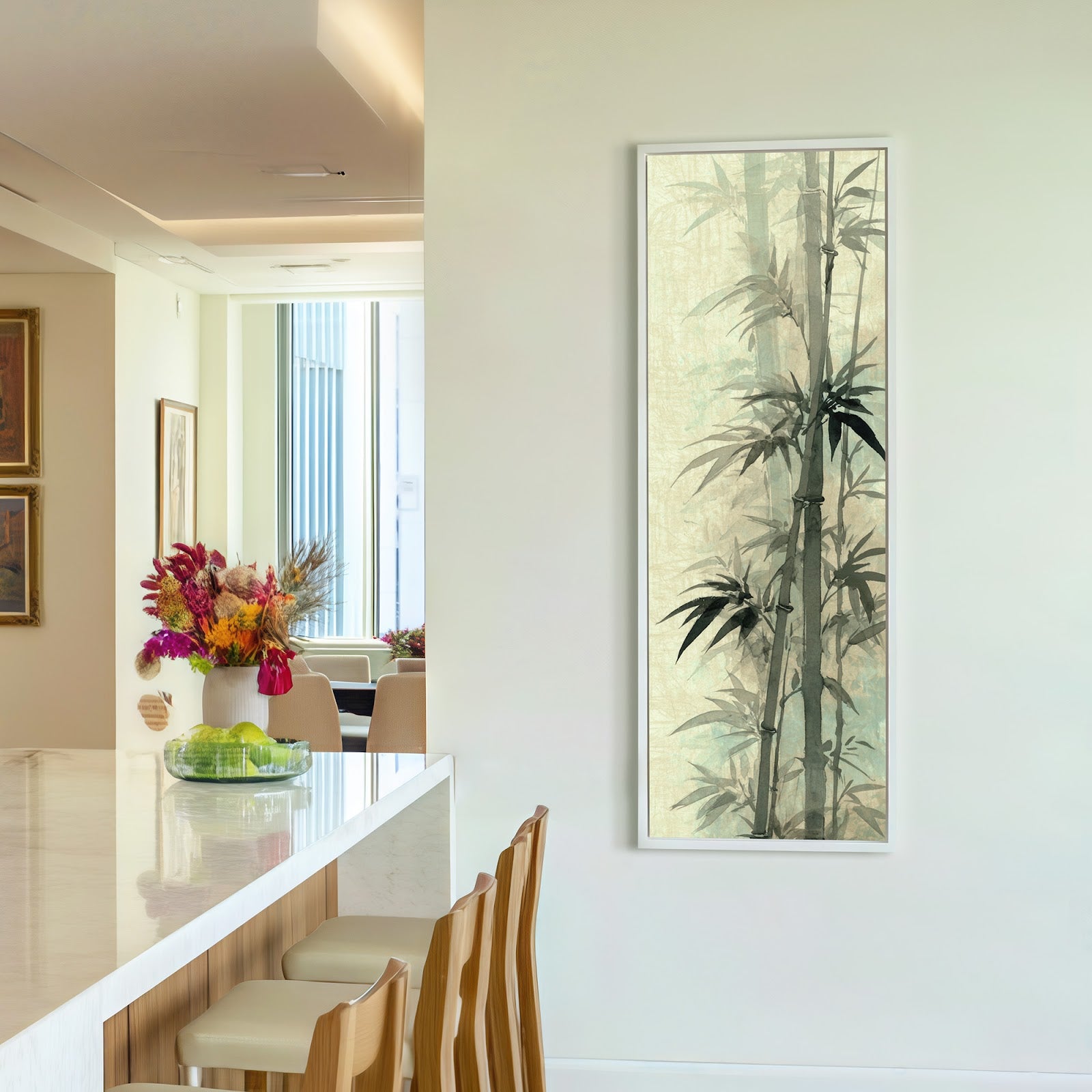 Vertical canvas wall art in interior setting.