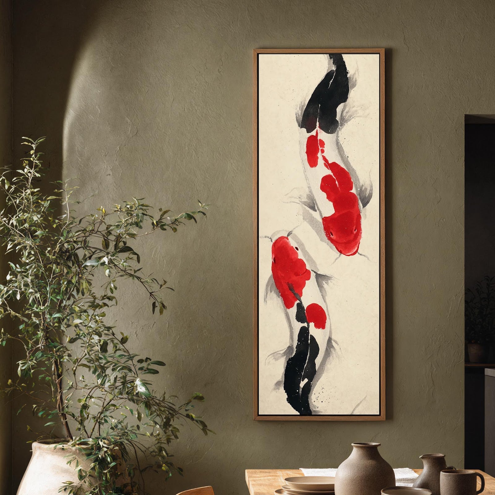 Vertical canvas wall art in interior setting.