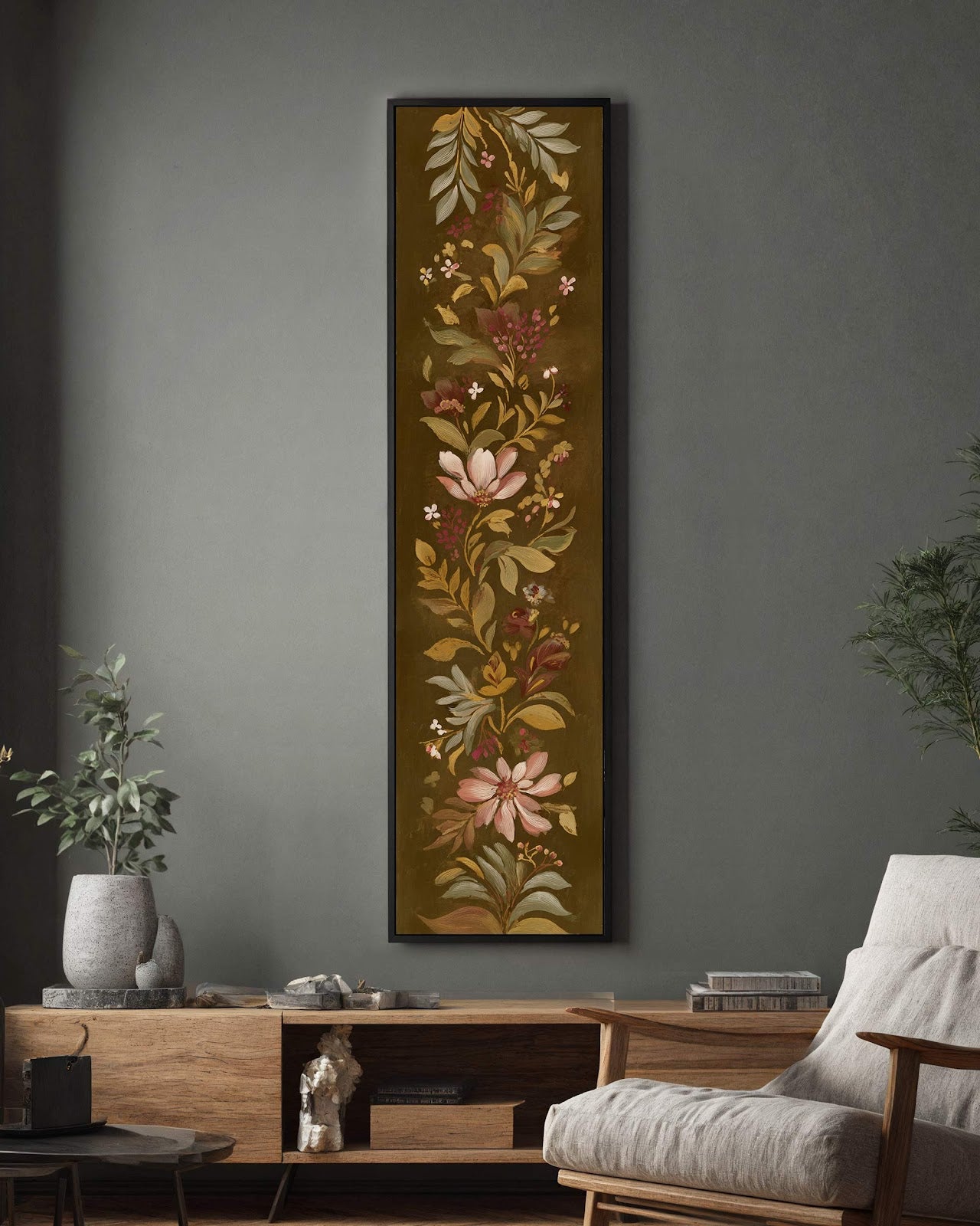 Vertical canvas wall art in interior setting.
