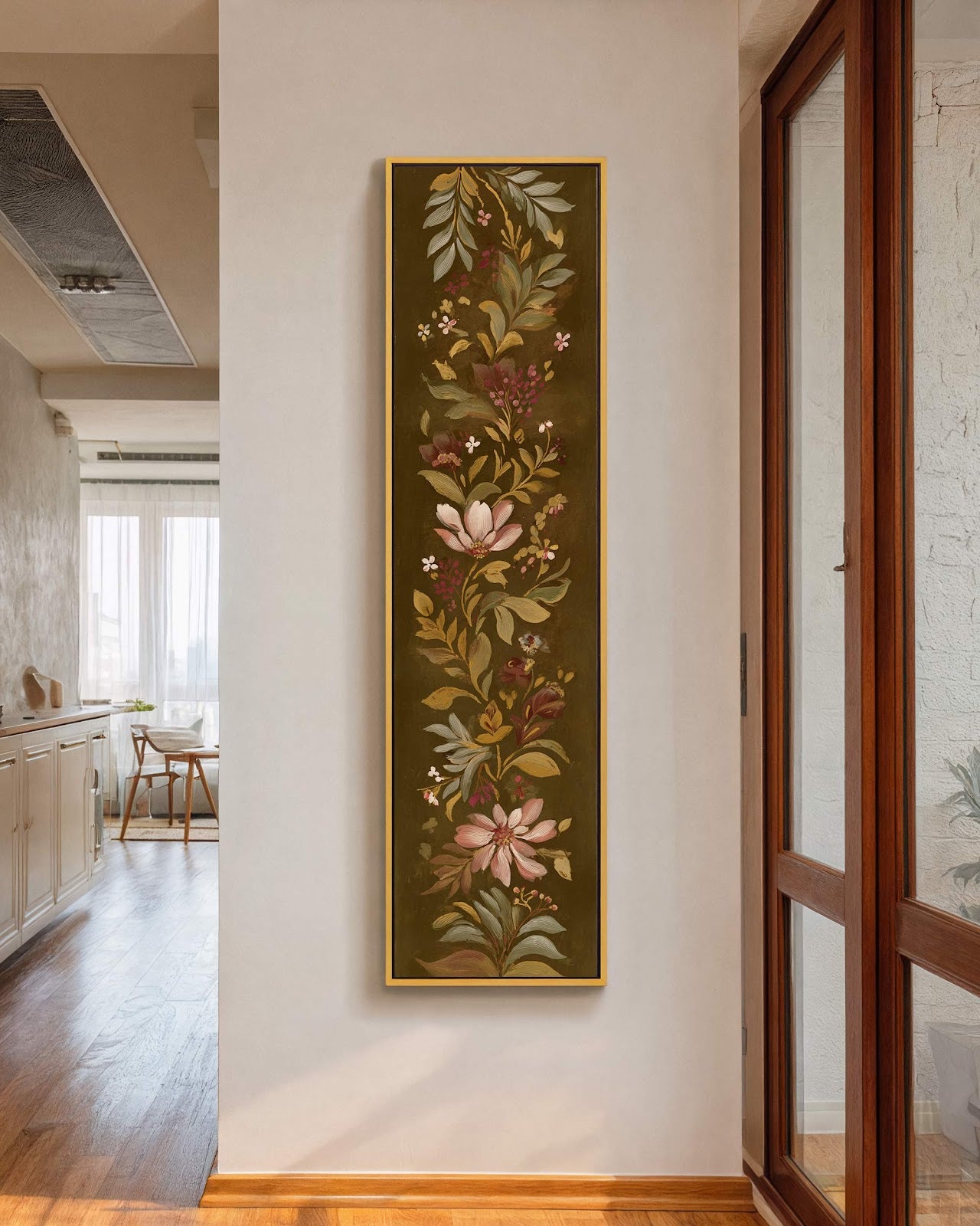 Vertical canvas wall art in interior setting.