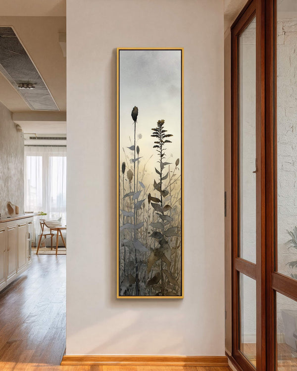 Vertical canvas wall art in interior setting.