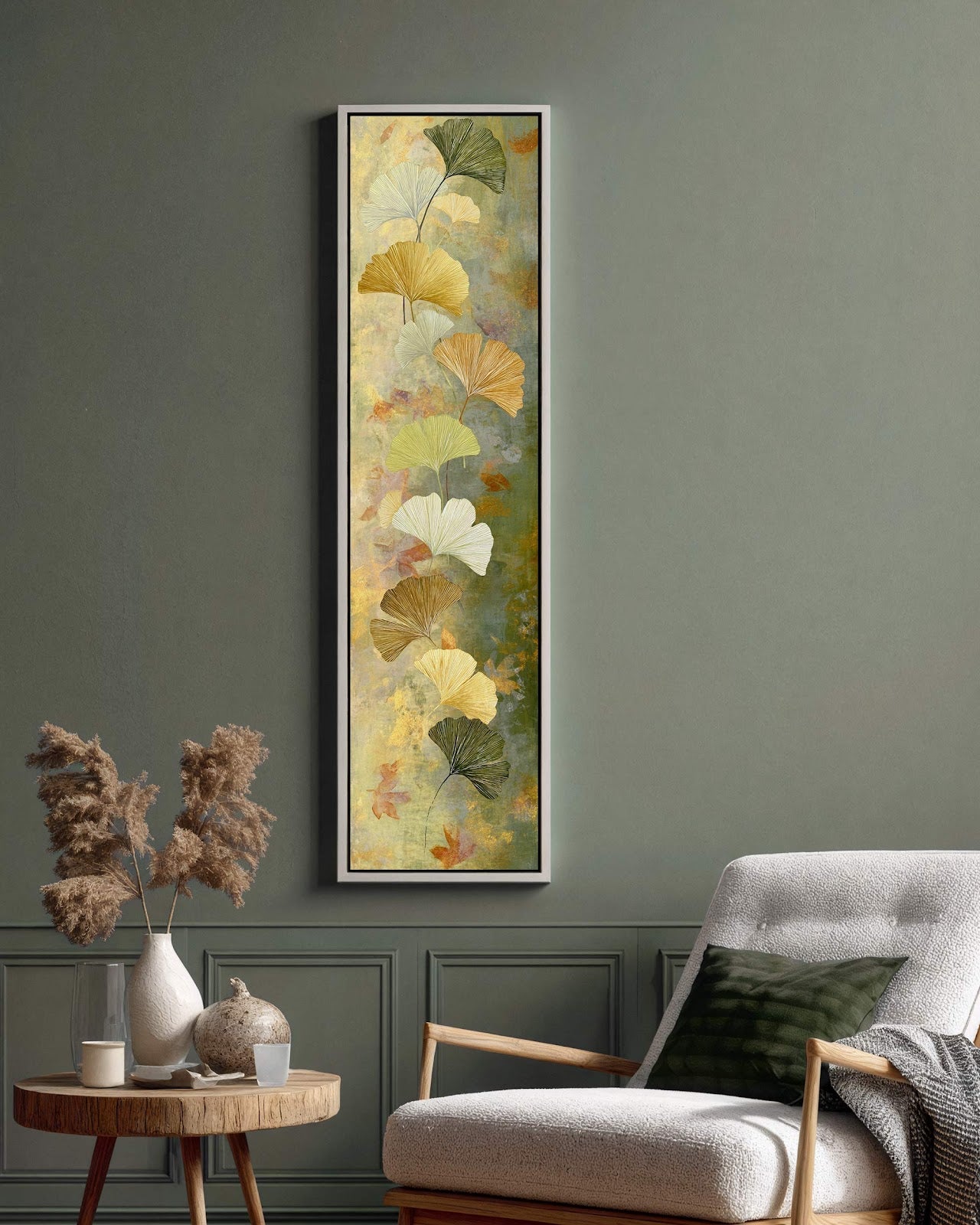 Vertical canvas wall art in interior setting.