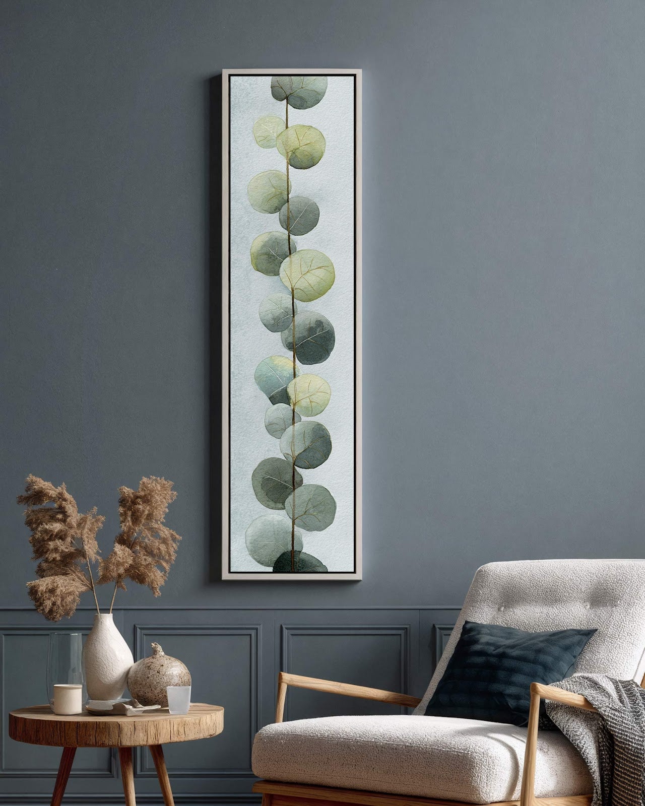 Vertical canvas wall art in interior setting.