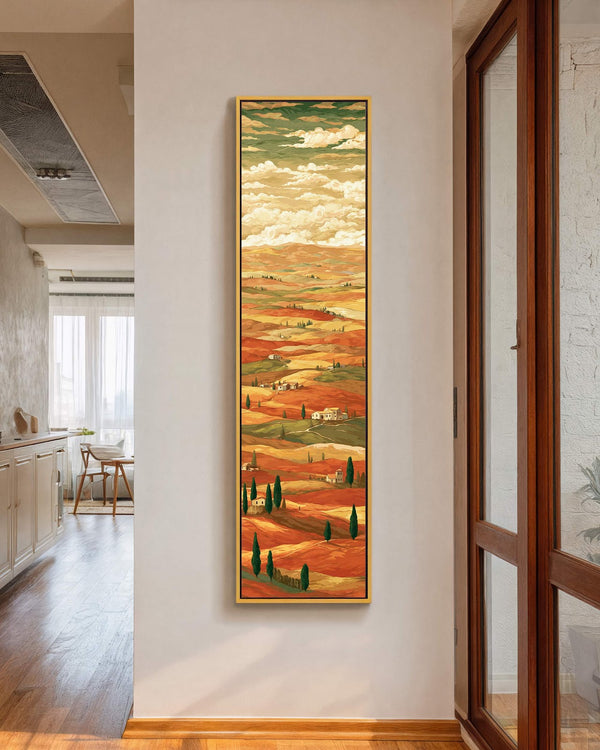 Vertical canvas wall art in interior setting.