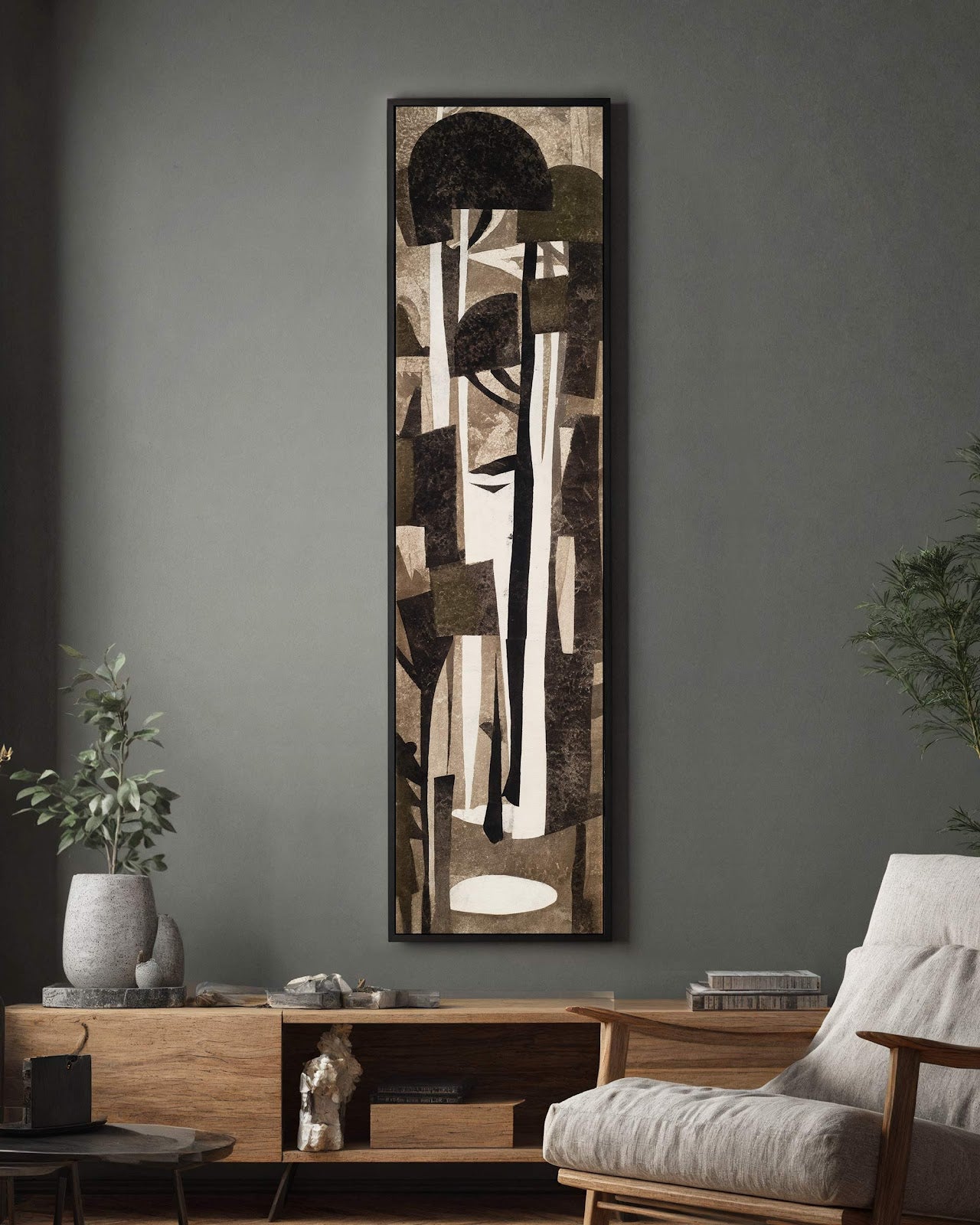 Vertical canvas wall art in interior setting.