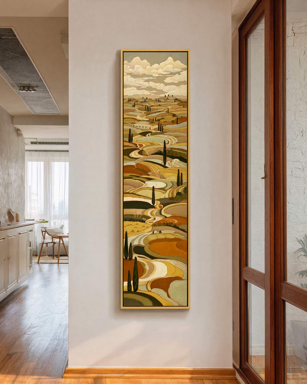 Vertical canvas wall art in interior setting.