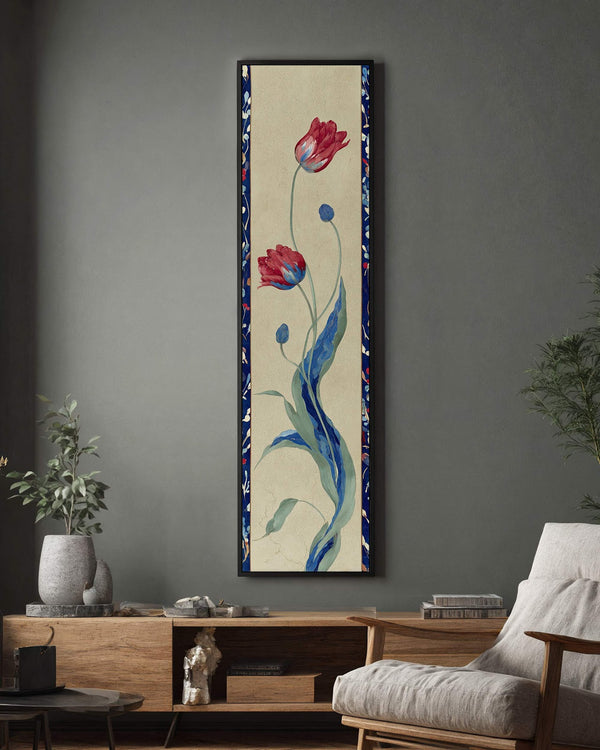 Vertical canvas wall art in interior setting.