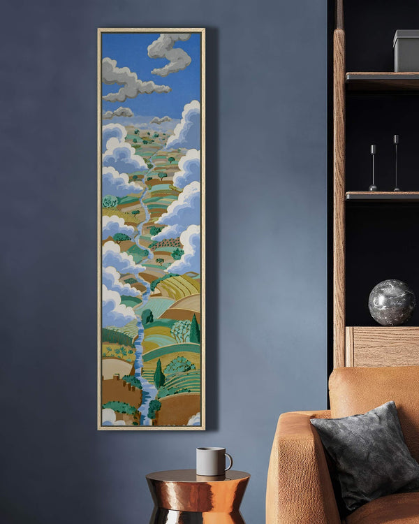Vertical canvas wall art in interior setting.