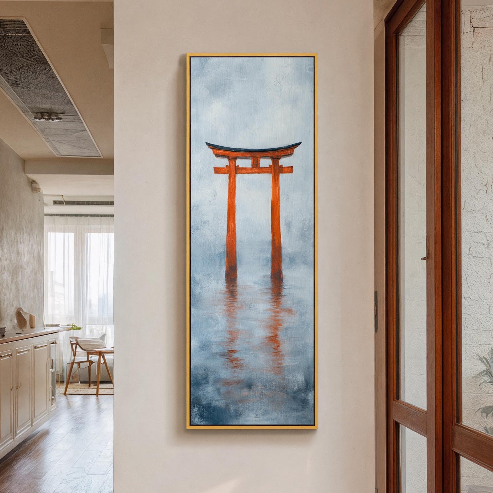 Vertical canvas wall art in interior setting.