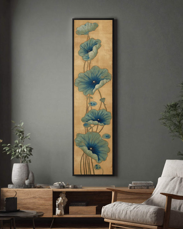 Vertical canvas wall art in interior setting.