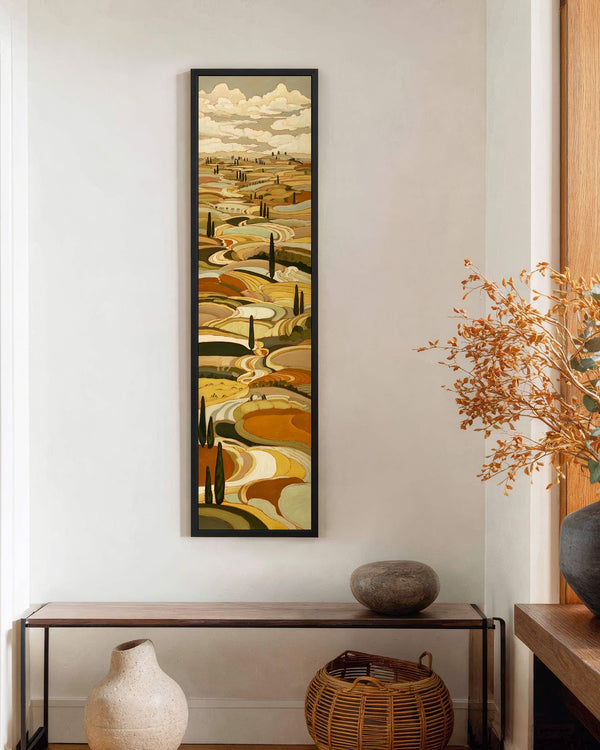 Vertical canvas wall art in interior setting.