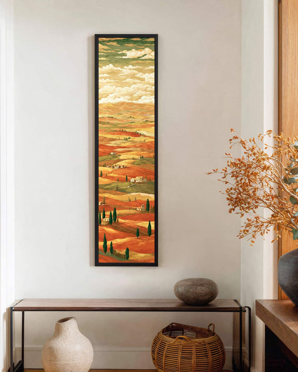 Vertical canvas wall art in interior setting.