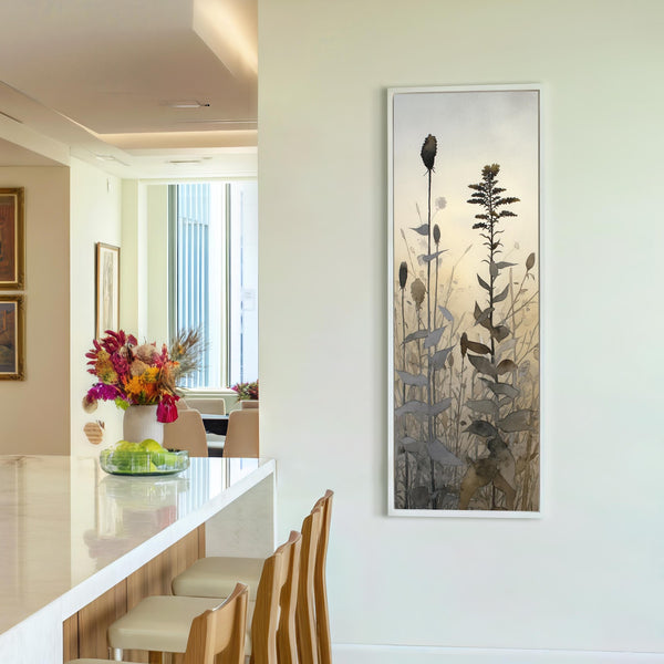 Vertical canvas wall art in interior setting.