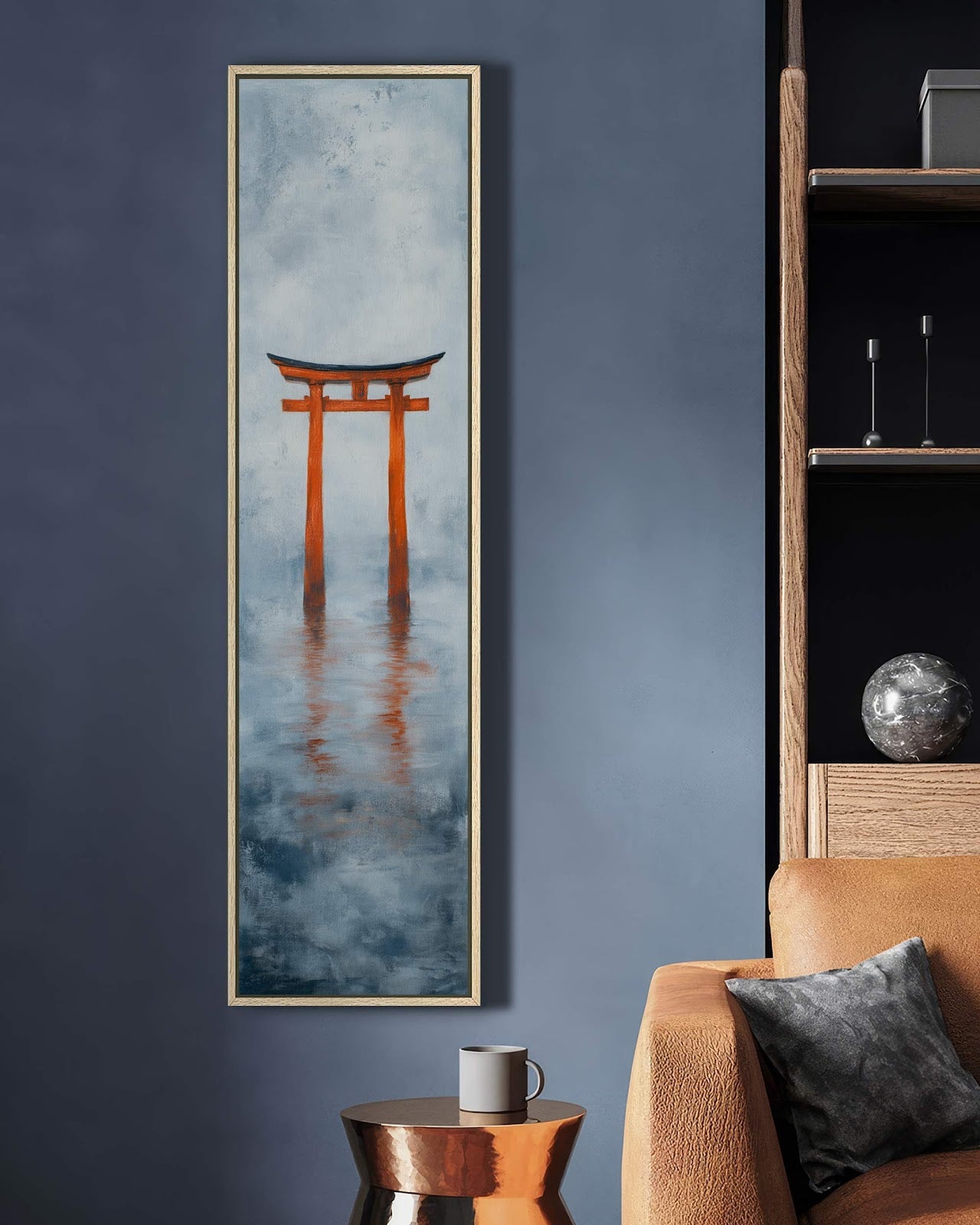 Vertical canvas wall art in interior setting.