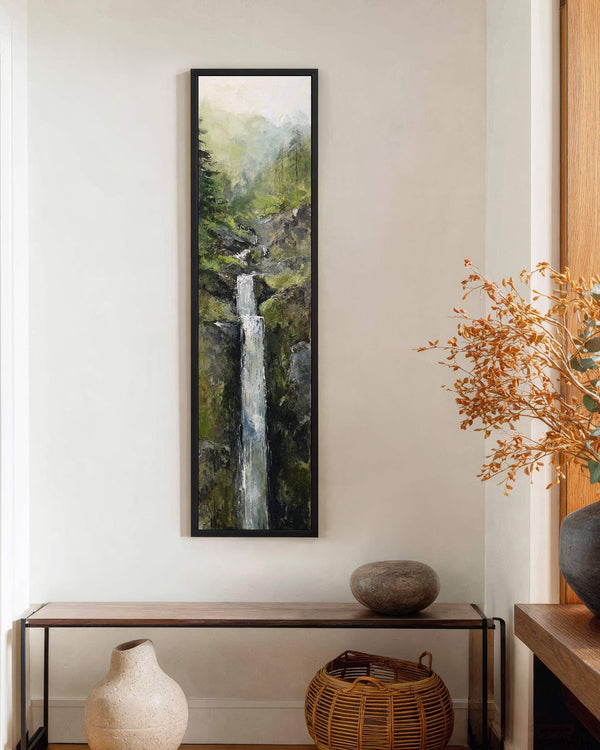 Vertical canvas wall art in interior setting.