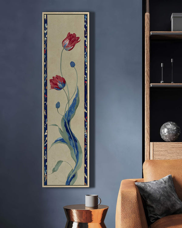 Vertical canvas wall art in interior setting.