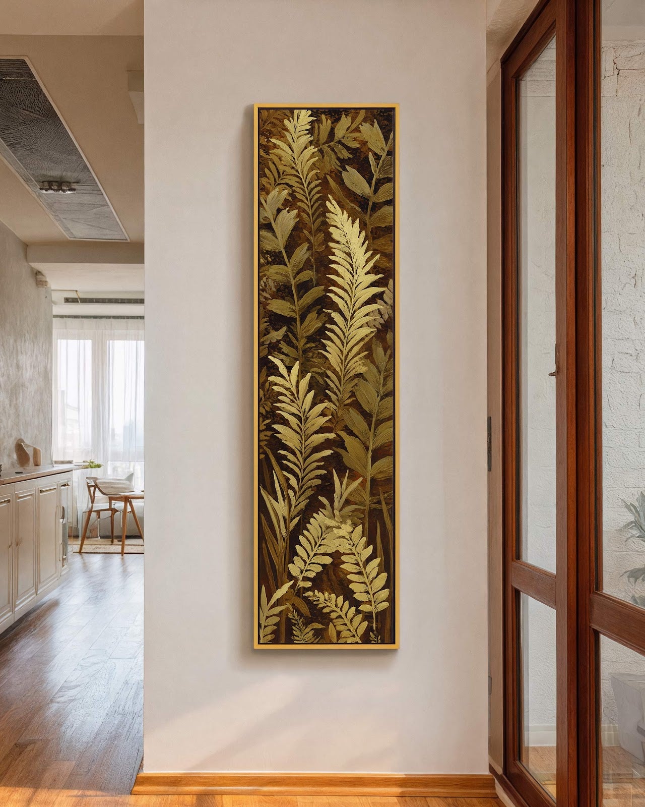 Vertical canvas wall art in interior setting.